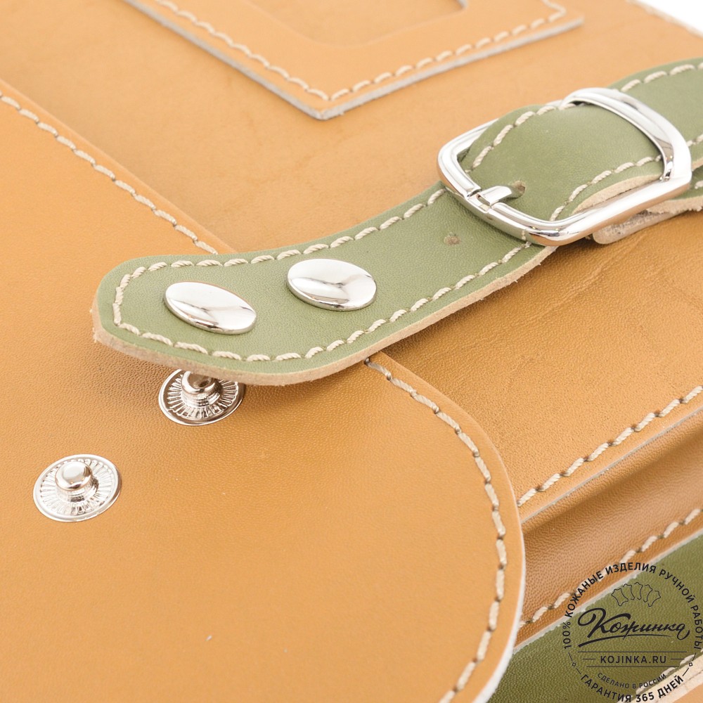 Кожаный портфель "Сатчел" (охра с зеленым) 