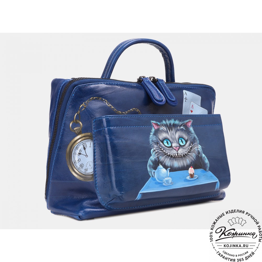 Женская кожаная сумка "Крис" "Чешир за чаем"