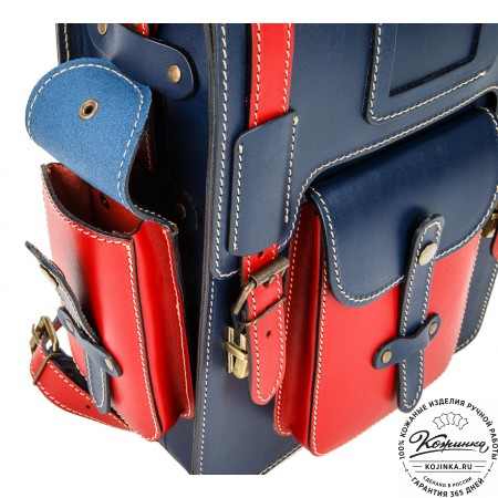 Кожаный ранец-портфель "Джон" (синий с красным)