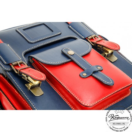 Кожаный ранец-портфель "Джон" (синий с красным)