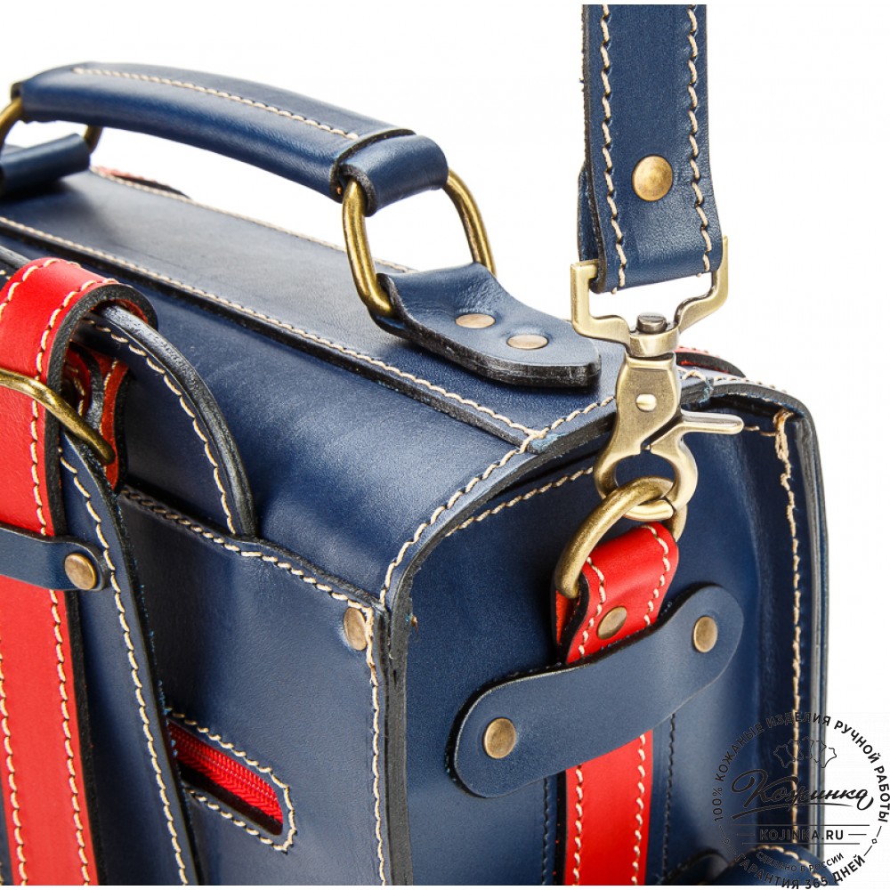 Кожаный ранец-портфель "Джон" (синий с красным)