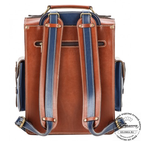 Кожаный ранец-портфель "Джон" (коричневый с синим)