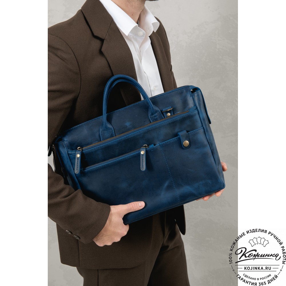 Кожаная деловая сумка "Гранд" (синий крейзи)
