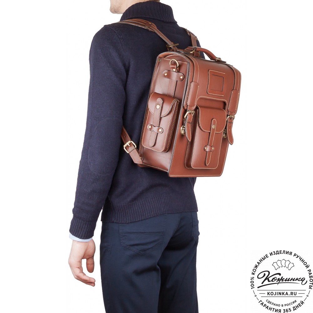 Кожаный ранец-портфель "Джон" (синий с красным)